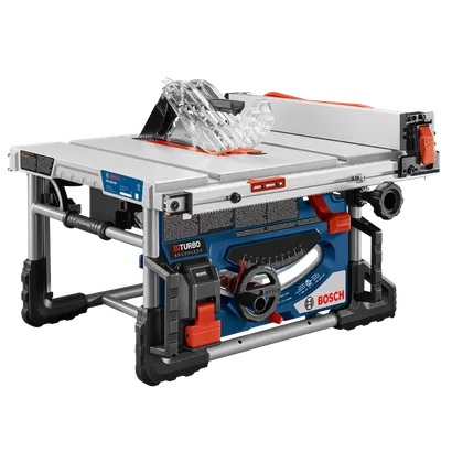 Bosch GTS18V-08 Biturbo brushless table saw, with blade, orange and red accents.