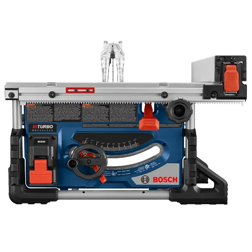 Bosch BiTurbo Brushless table saw with 5°, 10°, 15°, 20°, 25°, 30°, 35°, 40°, 45° angle settings, and bevel lock lever.