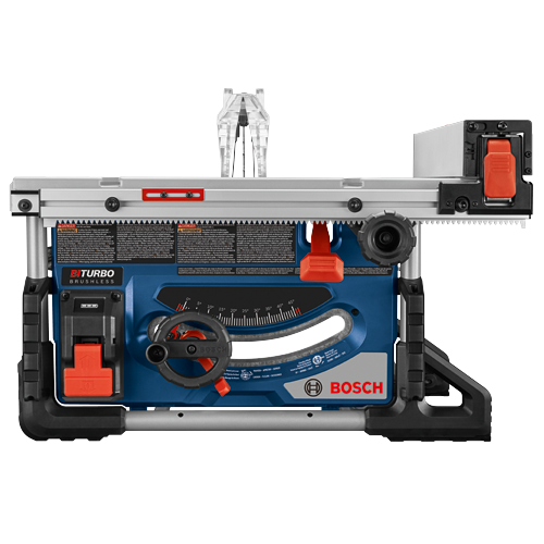 Bosch BiTurbo Brushless table saw with 5°, 10°, 15°, 20°, 25°, 30°, 35°, 40°, 45° angle settings, and bevel lock lever.