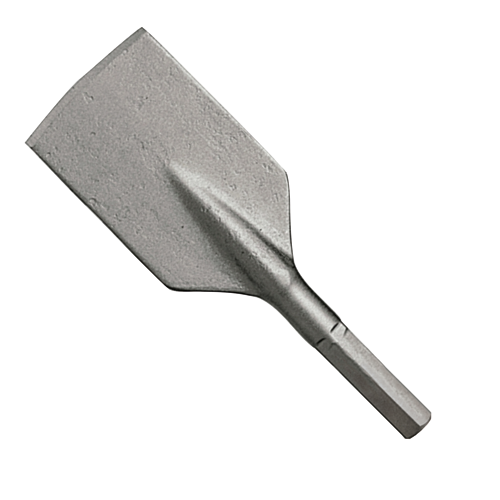 Bosch chisel bit with flat, rectangular head and hexagonal shaft.