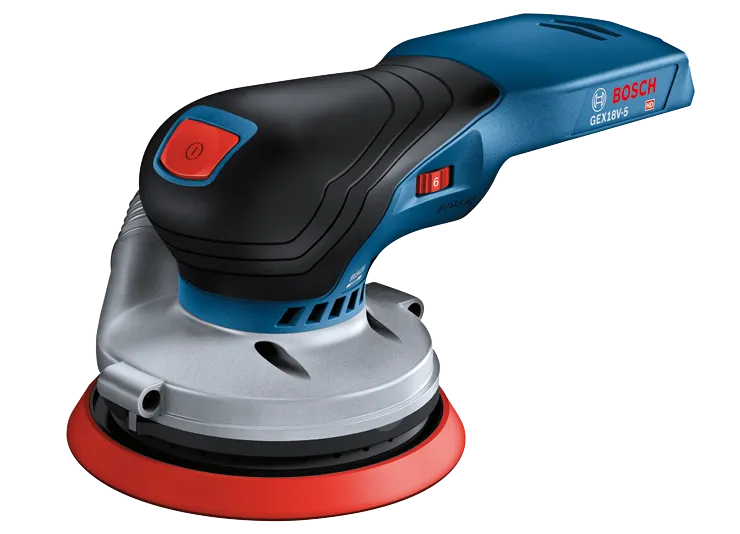 Bosch GEX18V-5 HD sander, with red power button and speed dial with "6".