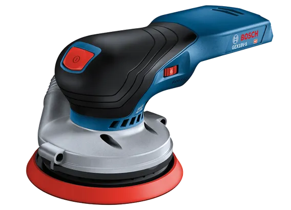Bosch GEX18V-5 HD sander, with red power button and speed dial with "6".