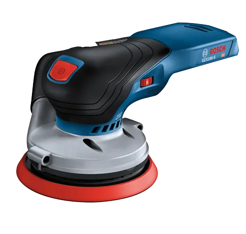 Bosch GEX18V-5 HD sander, with controls, red and black accent colors.
