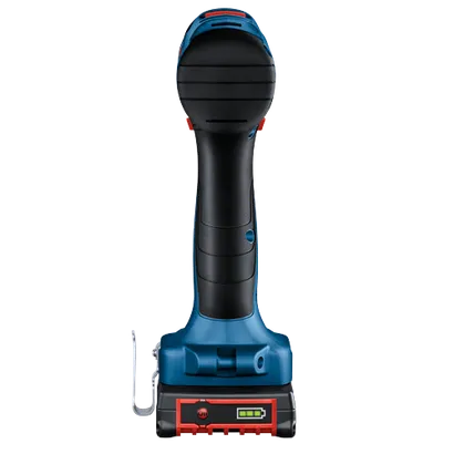 Bosch blue and black drill with "On" button and battery level indicator.