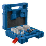 Bosch hole saw kit in a blue case with "BOSCH" visible on the saws.