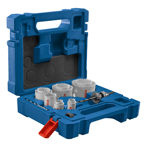 Bosch hole saw kit in a blue case with "BOSCH" visible on the saws.