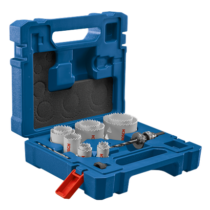 Bosch hole saw kit in a blue case with "BOSCH" visible on the saws.