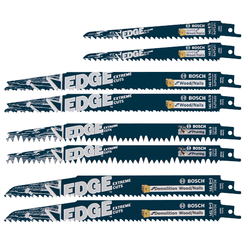 Bosch Edge reciprocating saw blades, RPSAP6 5/8 TPI for Wood/Nails, RPRAP9 6/12 TPI for Wood/Nails, RP95 5 TPI for Pruning, and RDN9V 5+8 TPI for Demolition Wood/Nails.