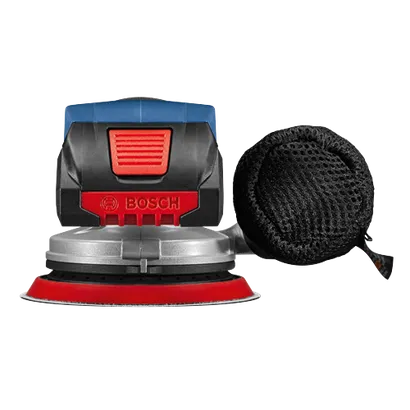 Bosch sander with a dust bag and the Bosch logo.