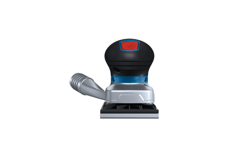 Bosch electric sander, with a red button and silver exhaust port.