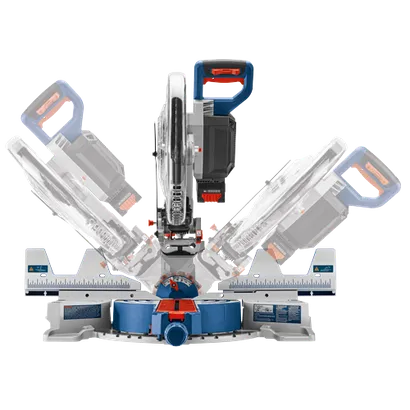 Bosch miter saw with blue and black accents, set in multiple positions.