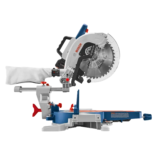 Bosch mitre saw, "BOSCH" printed on the blade protector. Core 36V battery pack attached.