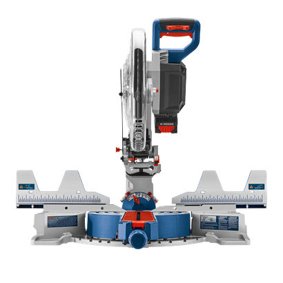 Bosch miter saw with blue, red, and silver accents. Warning labels are visible.