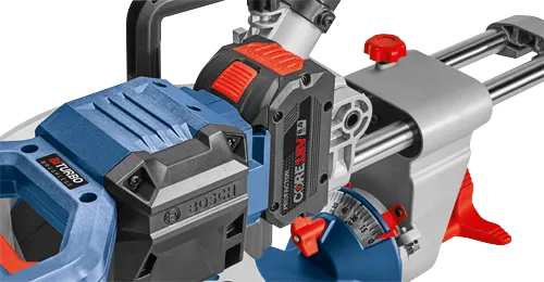 Bosch BITURBO BRUSHLESS miter saw with CORE 18V 8.0 Ah battery.
