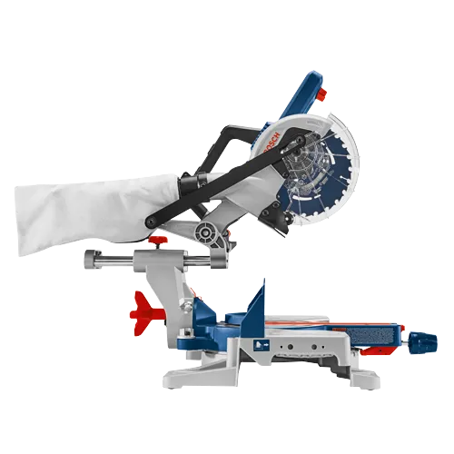 Bosch miter saw with "BOSCH" text on blade.