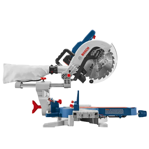 Bosch saw with "BOSCH" branding on blade and side, and dust bag.