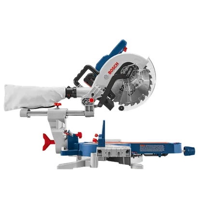 Bosch saw with "BOSCH" branding on blade and side, and dust bag.