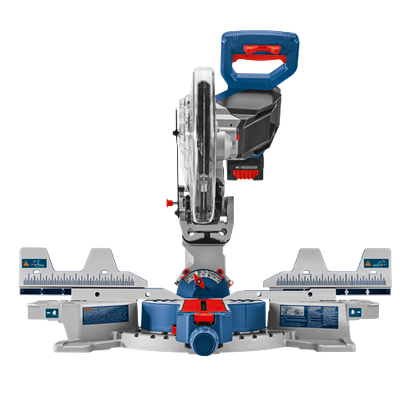 Bosch miter saw with blue and red accents.
