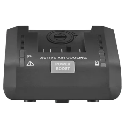 A black device with "ACTIVE AIR COOLING" and "POWER BOOST" text and hazard symbols.