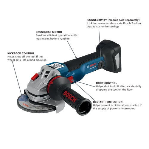 Bosch GWS18V-45C HD angle grinder with Kickback Control, Brushless Motor, Drop Control, Restart Protection, and Connectivity.