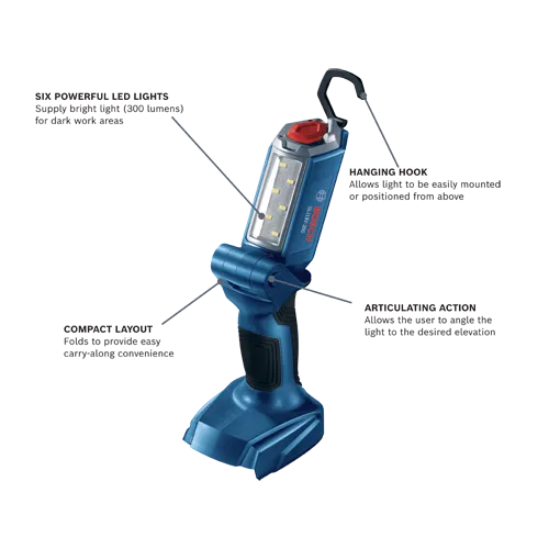 Bosch GLI18V-300 light with six LED lights, hanging hook, articulating action, and compact layout.