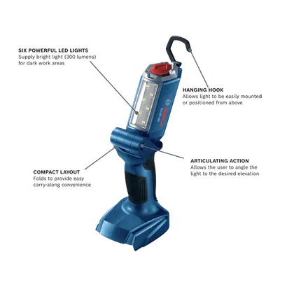 Bosch GLI18V-300 light with six LED lights, hanging hook, articulating action, and compact layout.