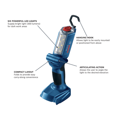 Bosch GLI18V-300 light with six LED lights, hanging hook, articulating action, and compact layout.