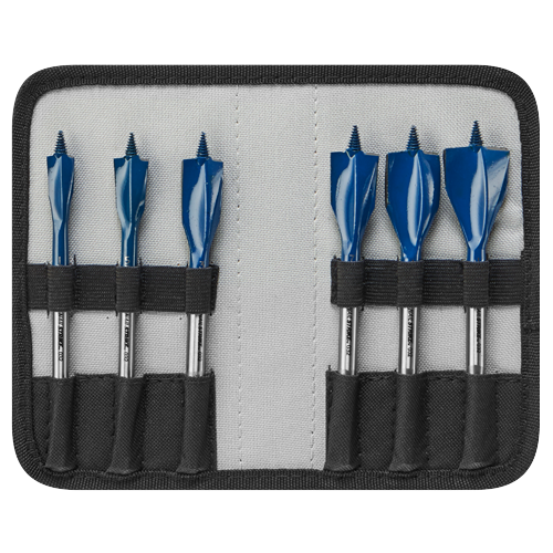 Set of blue wood-boring drill bits, "NAIL STRIKE™ 032," in a gray fabric case.