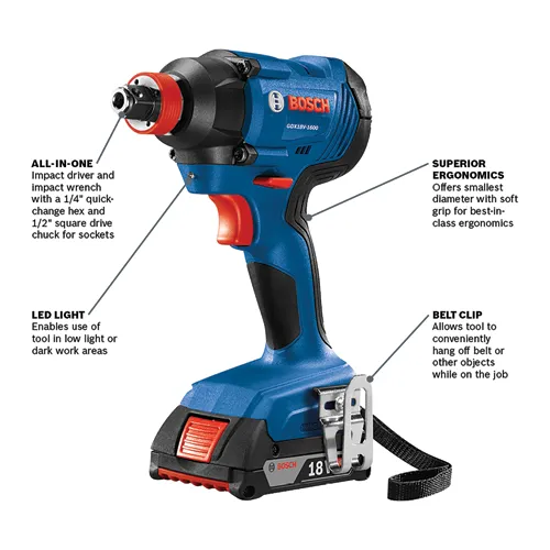 Bosch GDX18V-1600 impact driver and impact wrench with a 1/4" quick-change hex and 1/2" square drive chuck for sockets, with LED light and belt clip.