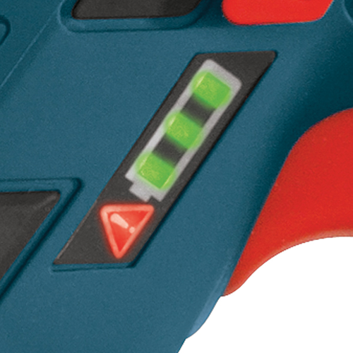 Power tool battery indicator with three green bars and a red triangle.