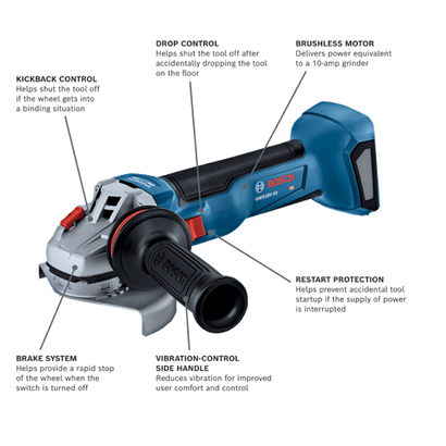 Bosch GWS18V-10 angle grinder with Kickback Control, Drop Control, Brushless Motor, Restart Protection, Brake System and Vibration-Control Side Handle.