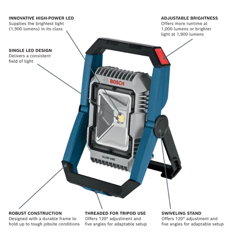 Bosch GLI18V-1900 LED work light with adjustable brightness, 1,900 lumens, and swivel stand.