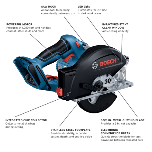 Bosch metal cutting saw, with saw hook, LED light, impact-resistant clear window, integrated chip collector, stainless steel footplate, 5-3/8 in. metal cutting blade, and electronic convenience break.