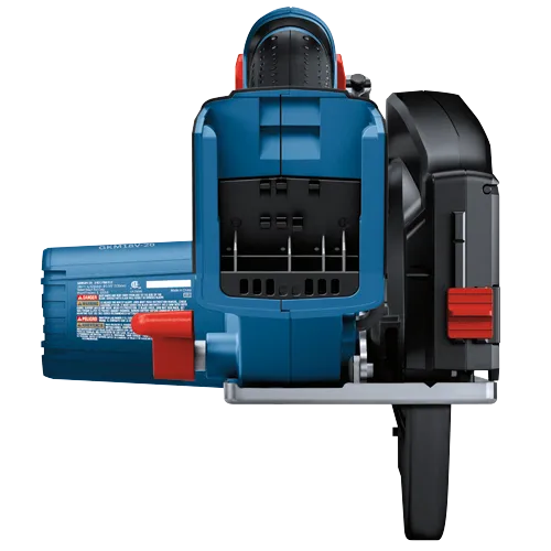 Bosch GKM18V-20 cordless saw with "BOSCH" branding, "COOLING FINS" label, and text: "GKM18V-20 3601 FB8 010 18V=n 4250/min Ø5 3/8" (136mm)", and warnings.