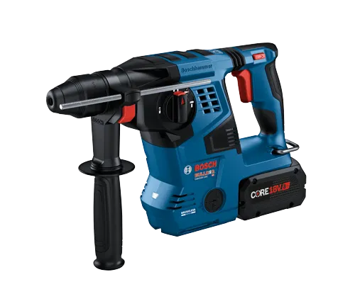 Bosch BULLDOG GBH18V-28C HD hammer drill with CORE18V 8 Ah battery.