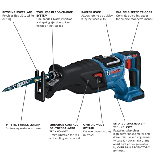 Bosch GSA18V-110 HD reciprocating saw with pivoting footplate, toolless blade-change system, rafter hook, variable-speed trigger, 1-1/8 in. stroke length, vibration control counter balance technology, orbital mode switch, and Biturbo Brushless Technology.