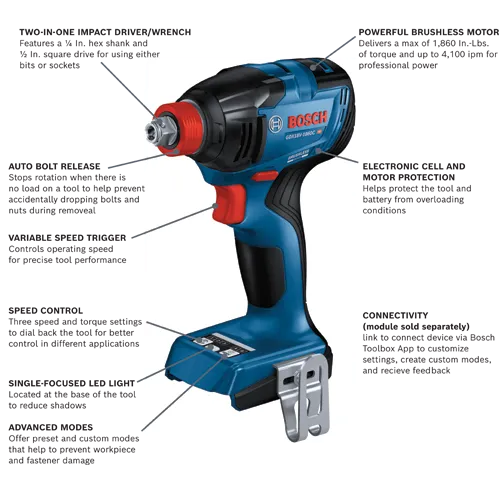 Bosch GDX18V-1860C HD impact driver, with half driver, half wrench and a 1/4 In. hex shank and a 1/2 In. square drive, features auto bolt release, variable speed trigger, speed control with 3 speed and torque settings, single-focused LED light, advanced modes, a powerful brushless motor and connectivity.