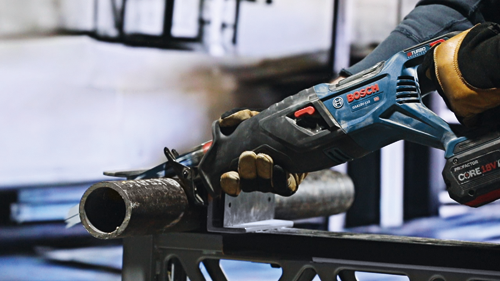Bosch GSA18V-110 reciprocating saw cutting a metal pipe.