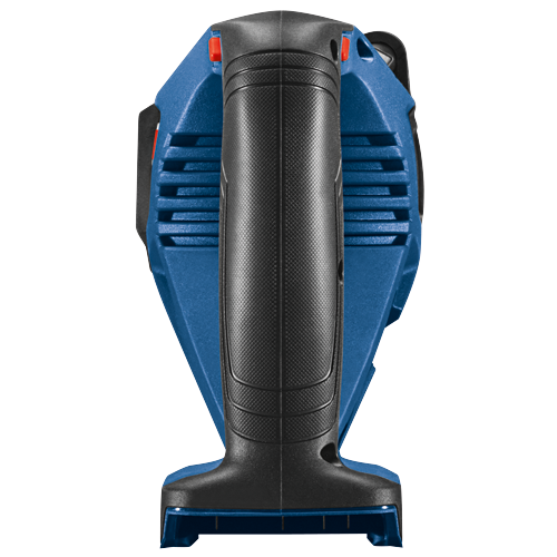 Bosch blue and black power tool with orange accents, top view.