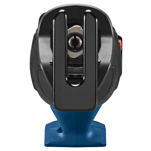 Black and blue power tool with a black handle and a red button.