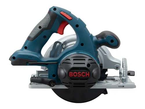 Bosch circular saw with visible text "BOSCH" and warning text.