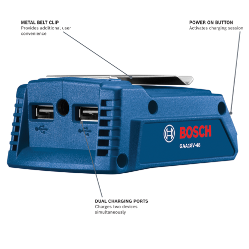 Bosch GAA18V-48 with metal belt clip, dual charging ports, and power on button.