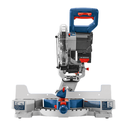 Bosch mitre saw with blue and silver components and a transparent blade guard.