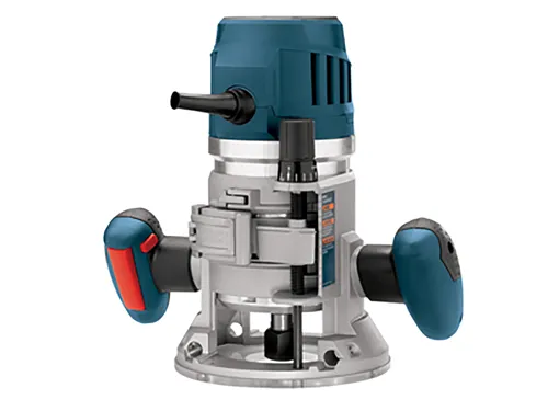 Bosch blue and silver router with red and blue handles.