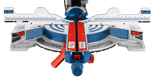 Bosch miter saw with scale and angle markings.