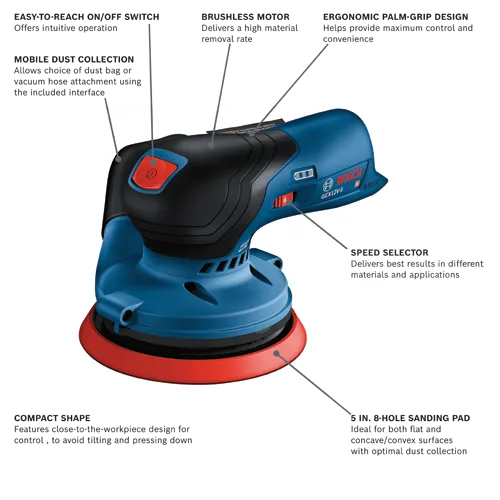 Bosch GEX12V-5, 5 in. 8-hole sanding pad with speed selector, ergonomic palm-grip design.