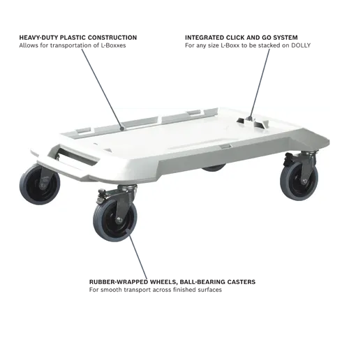 HEAVY-DUTY PLASTIC CONSTRUCTION dolly with INTEGRATED CLICK AND GO SYSTEM and RUBBER-WRAPPED WHEELS, BALL-BEARING CASTERS.