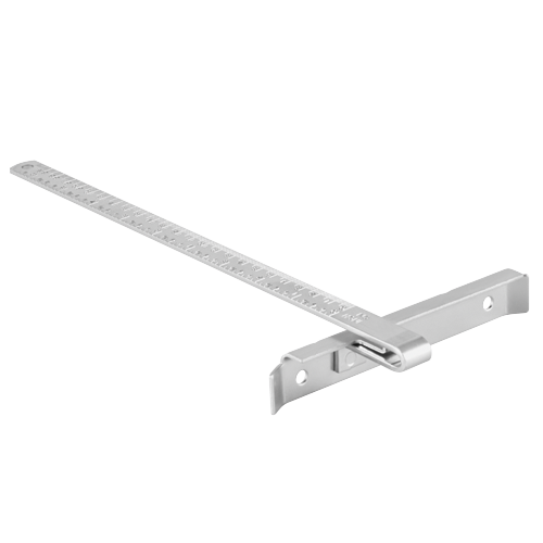 Metal square with printed measurements, along with an adjustable L-shaped arm.