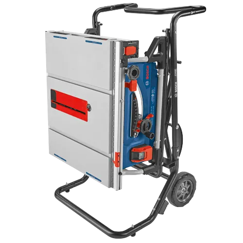 Bosch table saw, with "CLAMPZONE", "GTA50W GRAVITY RISE", and multiple controls.