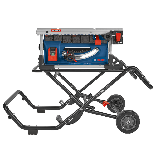 Bosch table saw with stand, wheels, and angle indicator.